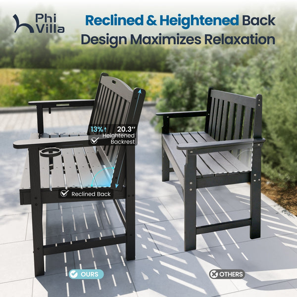 Wood-Grain HDPE Tranquil Garden Bench with Foldable Cup Holder