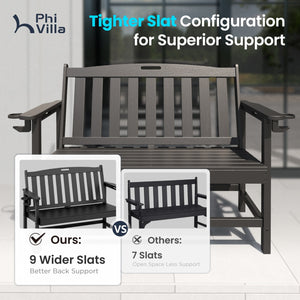 Wood-Grain HDPE Tranquil Garden Bench with Foldable Cup Holder