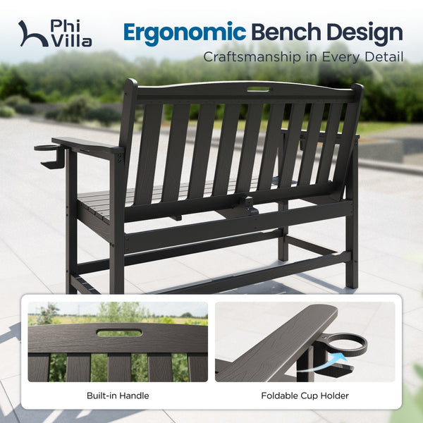 Wood-Grain HDPE Tranquil Garden Bench with Foldable Cup Holder