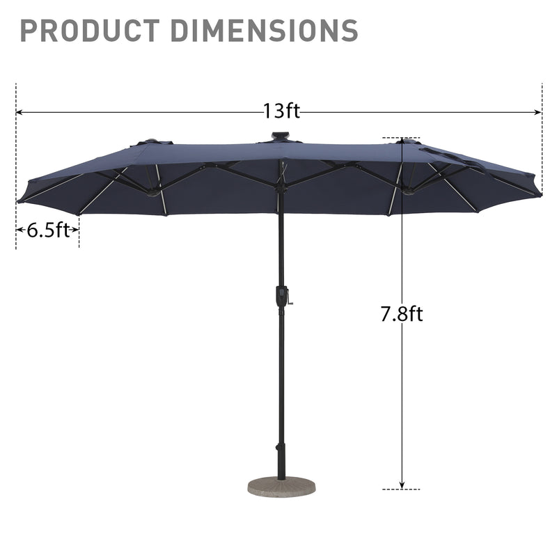PHI VILLA 13Ft Double-Sided Umbrella - Solar Powered LED Lights, Adjustable Crank, and Durable Construction