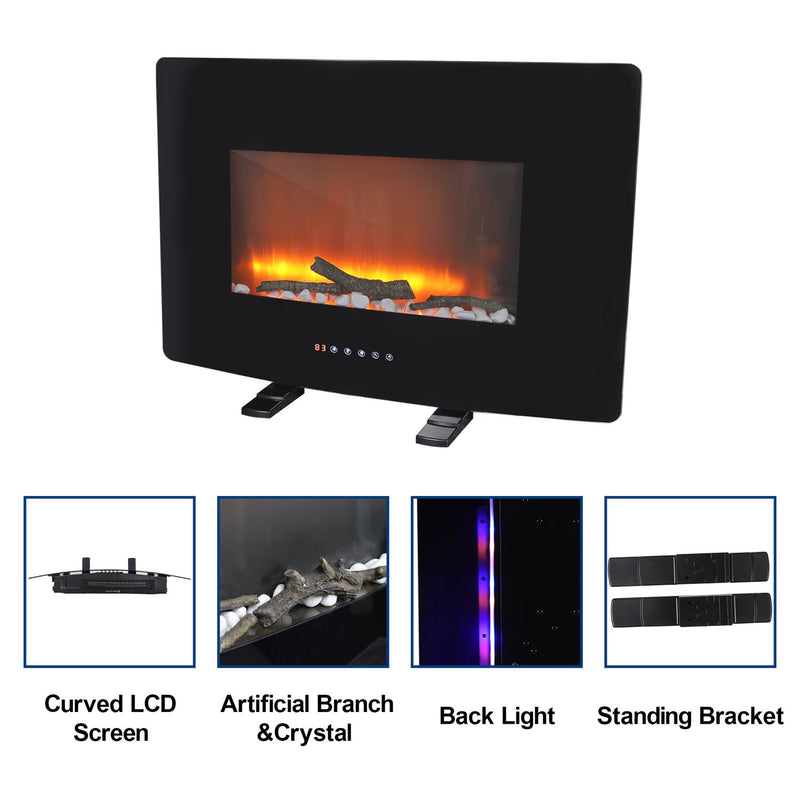 PHI VILLA 30 Inch Wall Mounted & Freestanding Curved Panel Remote Control Electric Fireplace