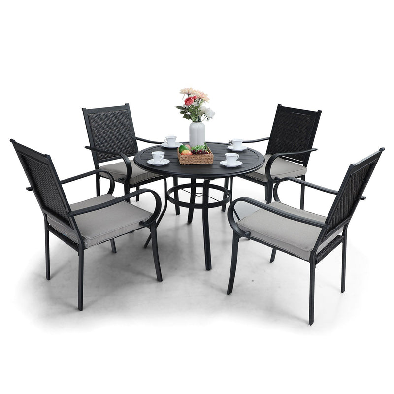 PHI VILLA 5-Piece Outdoor Patio Dining Set With Round Steel Table & 4 Fixed Rattan Chairs