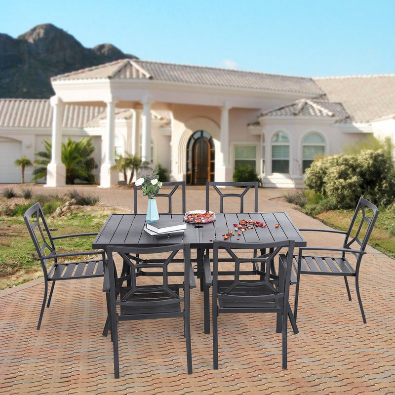 PHI VILLA 7-Piece Patio Outdoor Dining Set With Steel Panel Table and 6 Stackable Chairs
