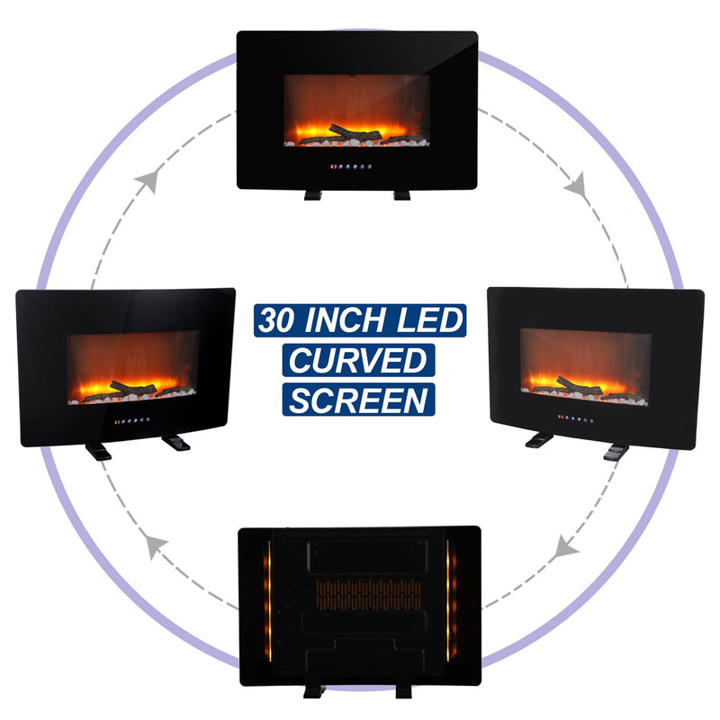 PHI VILLA 30 Inch Wall Mounted & Freestanding Curved Panel Remote Control Electric Fireplace