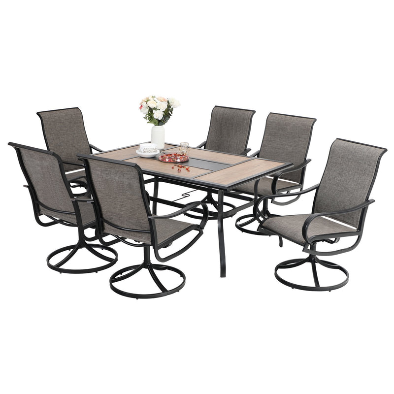 PHI VILLA 7-Piece Outdoor Dining Set Steel Rectangle Table & Textilene Swivel Chairs