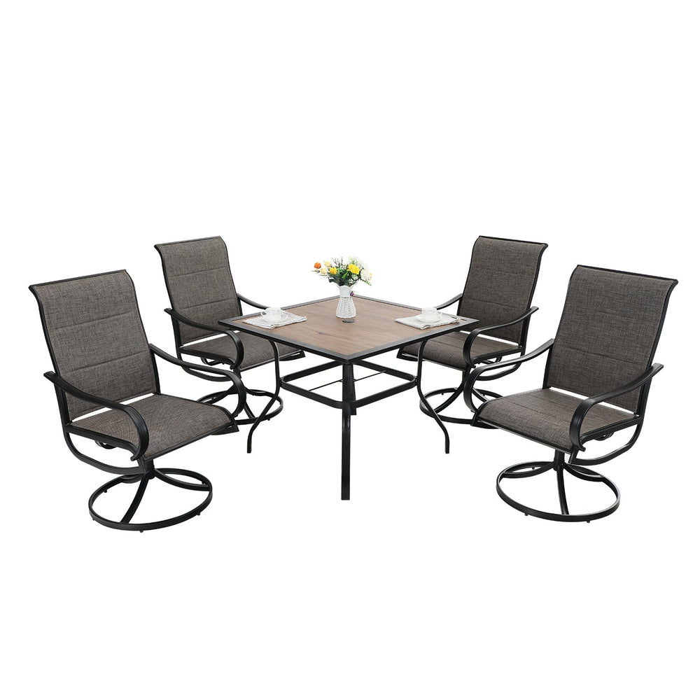 PHI VILLA 5-Piece Patio Dining Set With Wood-look Table & 4 Padded Textilene Swivel Chairs 