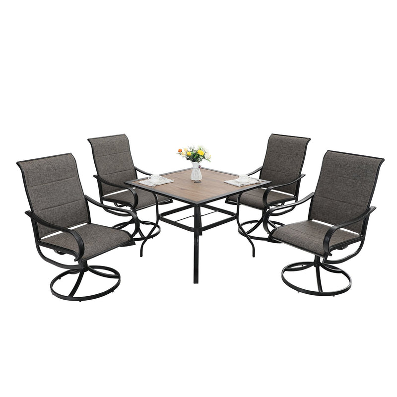 PHI VILLA 5-Piece Patio Dining Set With Wood-look Table & 4 Padded Textilene Swivel Chairs