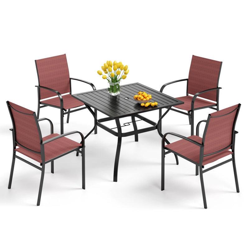 PHI VILLA 5 PCS Patio Dining Set 4 Textilene Fixed Chairs & Square Table