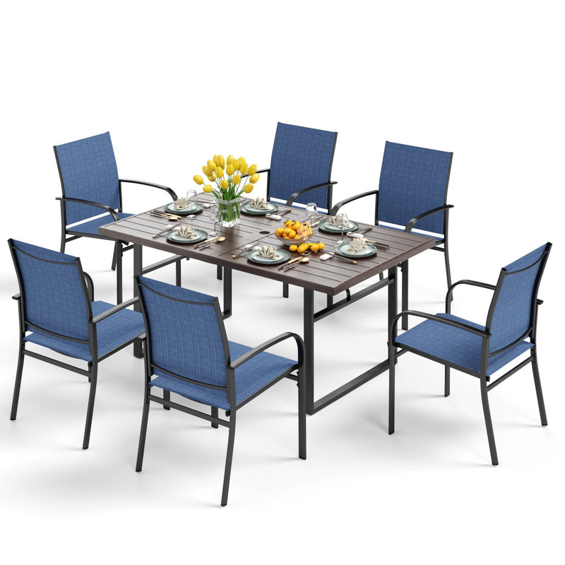PHI VILLA 7 PCS Outdoor Dining Set 6 Textilene Fixed Chairs & Rectangle Table