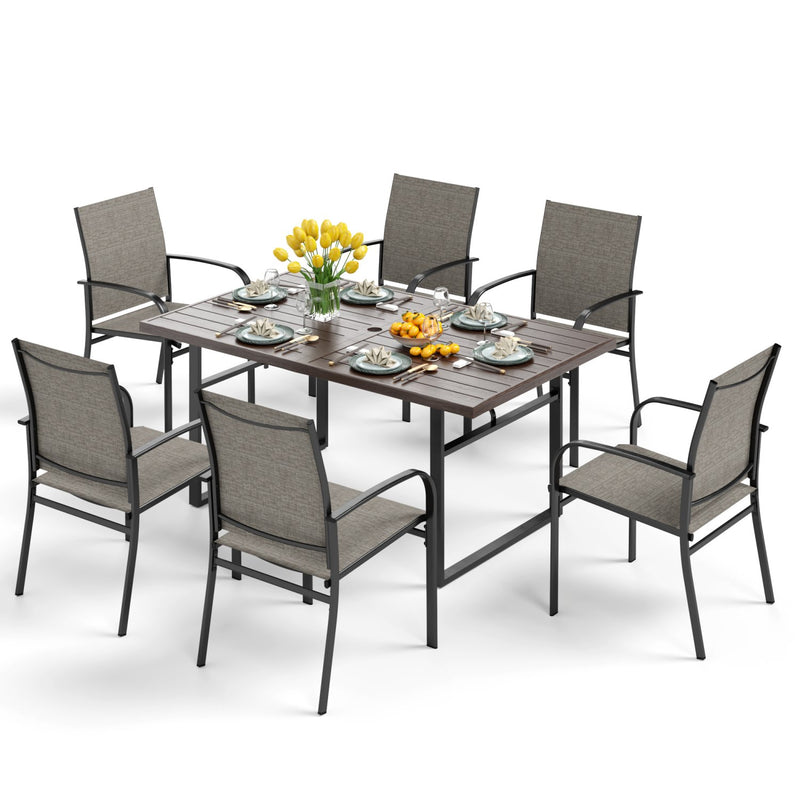 PHI VILLA 7 PCS Outdoor Dining Set 6 Textilene Fixed Chairs & Rectangle Table