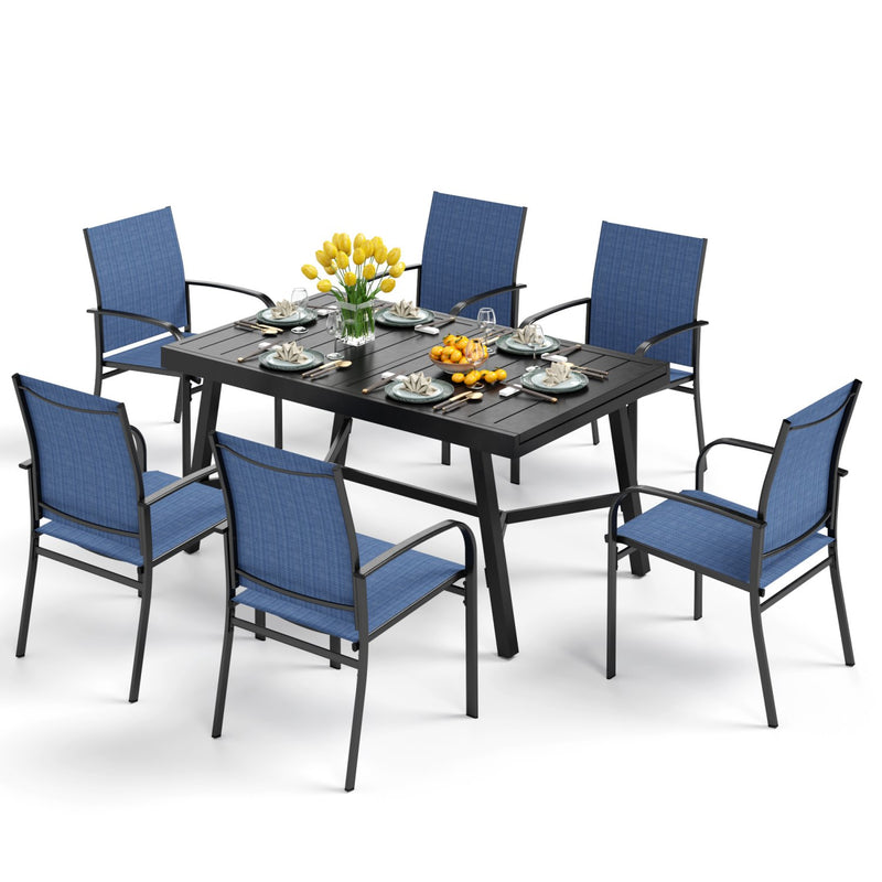 PHI VILLA 7 PCS Outdoor Dining Set 6 Textilene Fixed Chairs & Adjustable Table