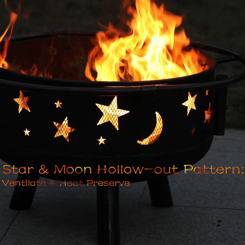 Phi Villa 30" Moon & Star Pattern 2 in 1 Heavy Duty Fire Pit with Swivel Cooking Grill