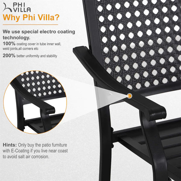 PHI VILLA 6-Piece Patio Dining Set with 10ft Umbrella & Steel Square Table & Bullseye Pattern Fixed Steel Chairs