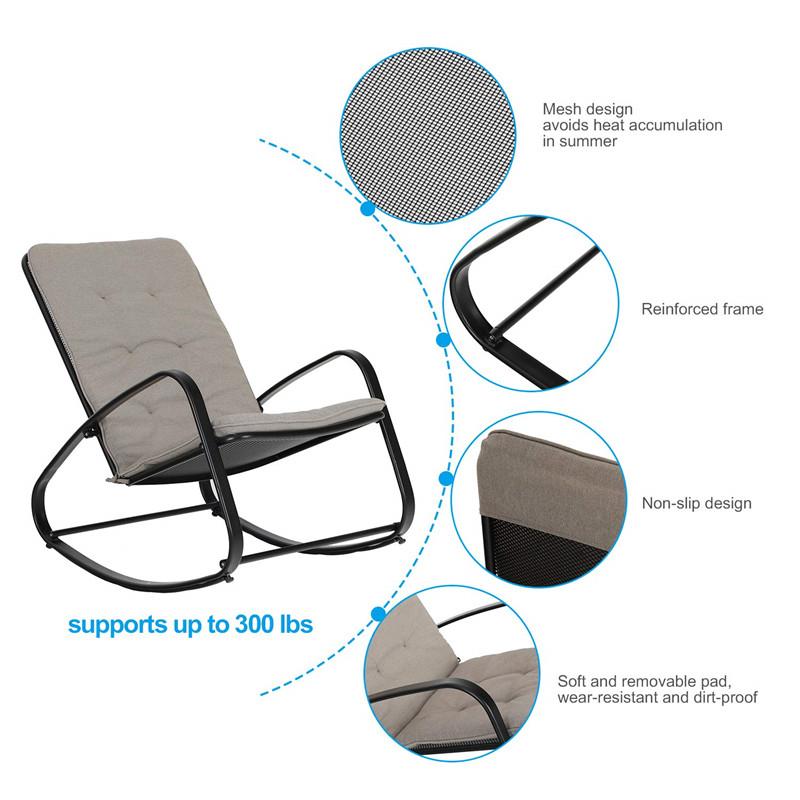 PHI VILLA Patio 1 Piece Rocking Chair Padded Steel Rocker Chair