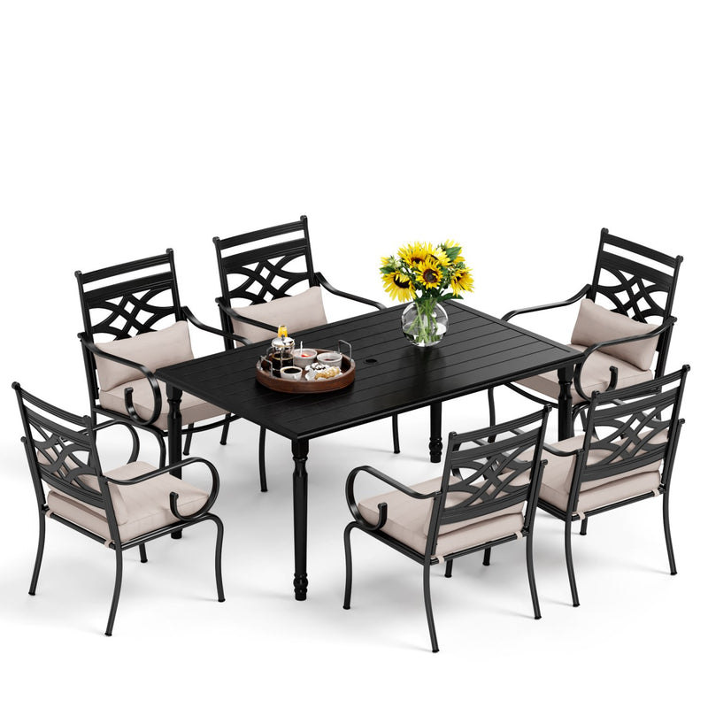 PHI VILLA 7-Piece Outdoor Dining Set 6 Fixed Chairs and Steel Rectangle Table