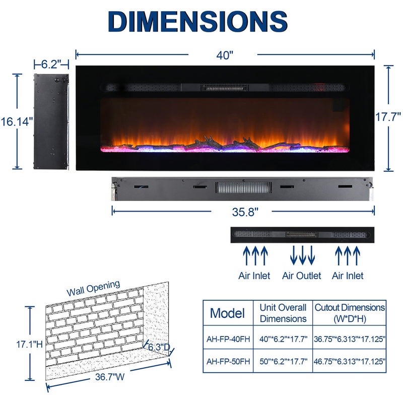 PHI VILLA 40/50 Inch 1500W Insert & Wall Mounted Electric Fireplace