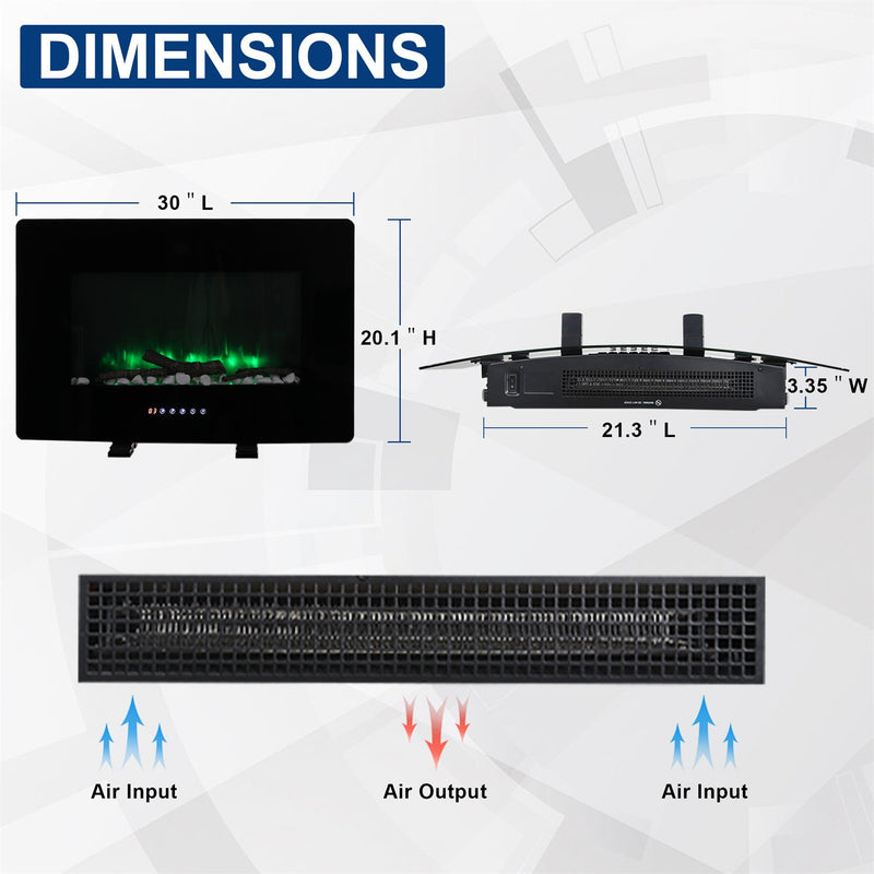 PHI VILLA 30 Inch Wall Mounted & Freestanding Curved Panel Remote Control Electric Fireplace