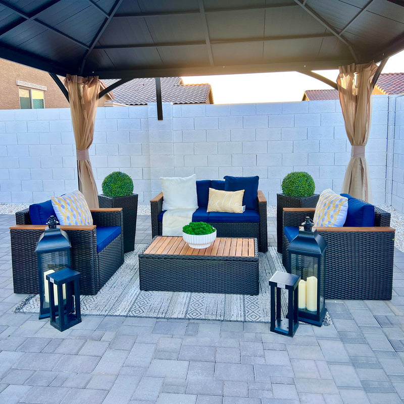 PHI VILLA 4-Piece Outdoor Rattan & Wood Sectional Sofa Conversation Set With Cushions