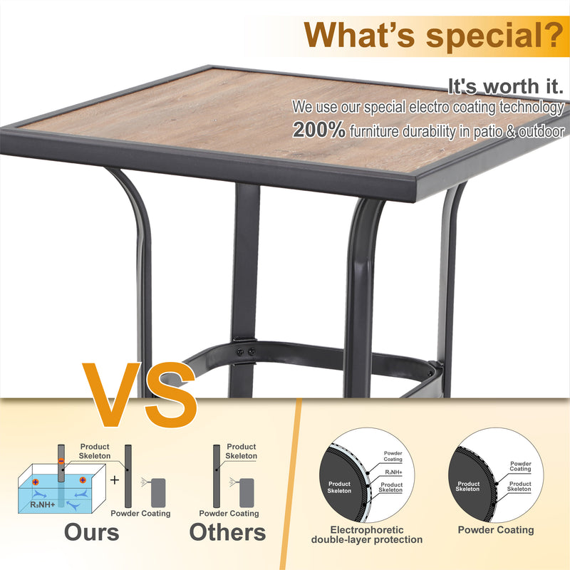 PHI VILLA Patio Bar Height Table with Wood-Like Tabletop & Metal Frame