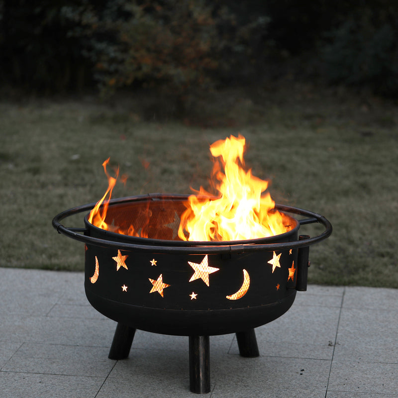 Phi Villa 30" Moon & Star Pattern 2 in 1 Heavy Duty Fire Pit with Swivel Cooking Grill