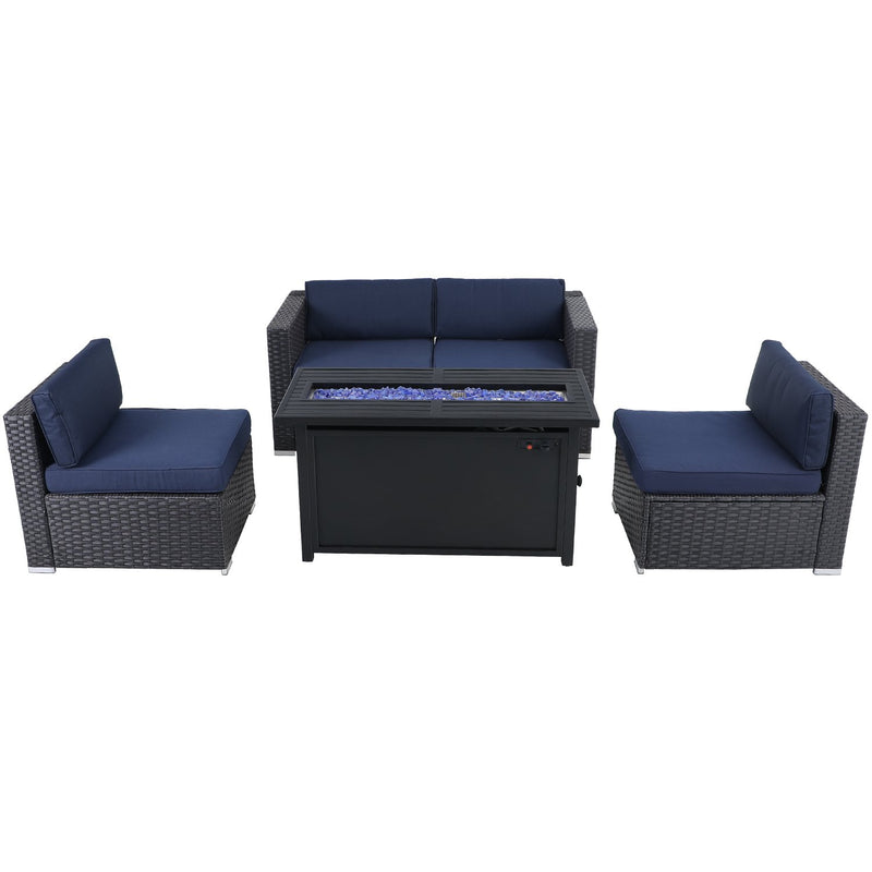 PHI VILLA 5-Piece Patio Fire Pit Set Rattan Sectional Sofa & 50,000BTU Rectangle Fire Pit Table With Lid