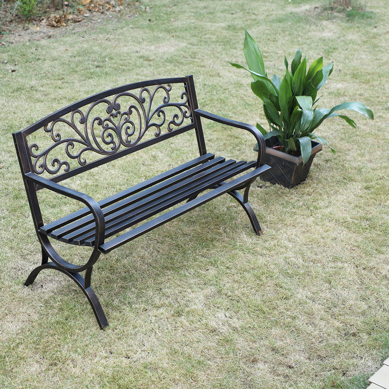 PHI VILLA 50 Inch Garden Outdoor Bench Cast Iron Steel Frame Apple Blossom Pattern