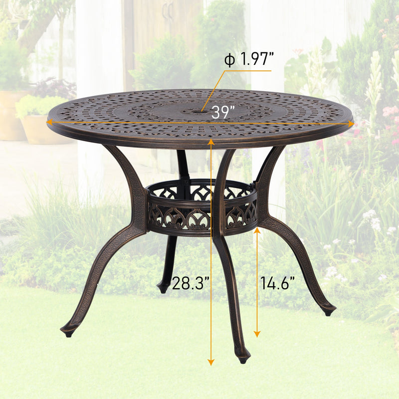 PHI VILLA 39" Patio Dining Table Cast Aluminum Golden Bronze with 1.97" Umbrella Hole