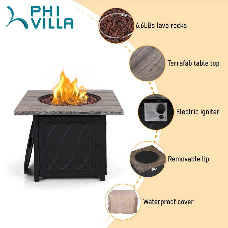 PHI VILLA 32 Inch 50,000 BTU Outdoor Terrafab Square Gas Fire Pit Table With Lid & Lava Rocks & PVC Cover