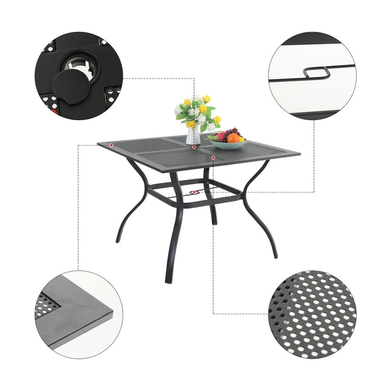 PHI VILLA 5-Piece Outdoor Dining Set With Steel Square Table & 4 C-Spring Cushioned Chairs