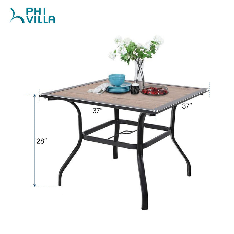 PHI VILLA 5-Piece Metal Patio Dining Set Wood-look Table and 4 Pattern Stackable Chairs