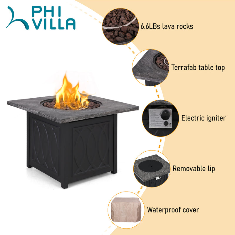 PHI VILLA 32 Inch 50,000 BTU Outdoor Terrafab Square Gas Fire Pit Table With Lid & Lava Rocks & PVC Cover