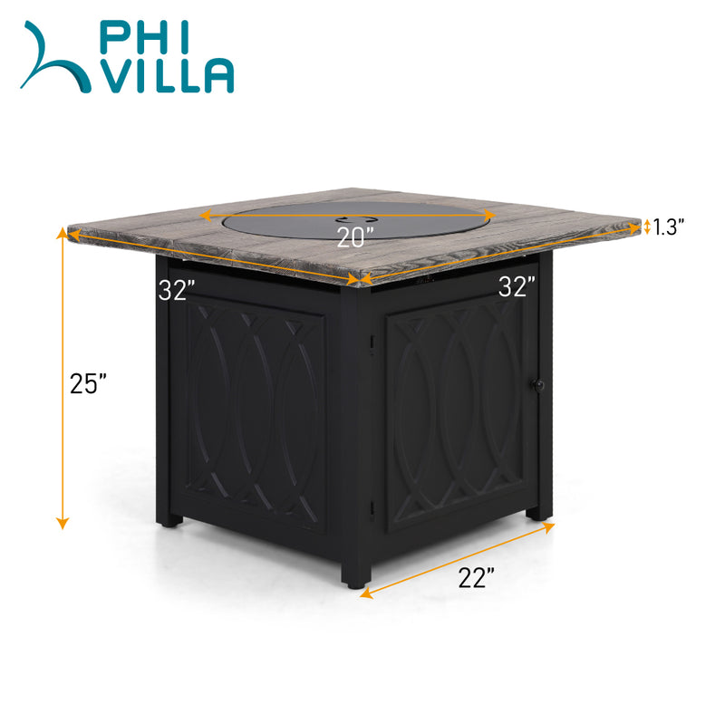 Phi Villa 5-Piece Patio Fire Pit Set 4 Rattan Fixed Chairs and 32 inch 50000BTU TerraFab Square Gas Fire Pit Table