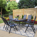 PHI VILLA 7-Piece Patio Outdoor Dining Set with Steel Rectangle Table & 6 Textilene Reclining Folding Chairs