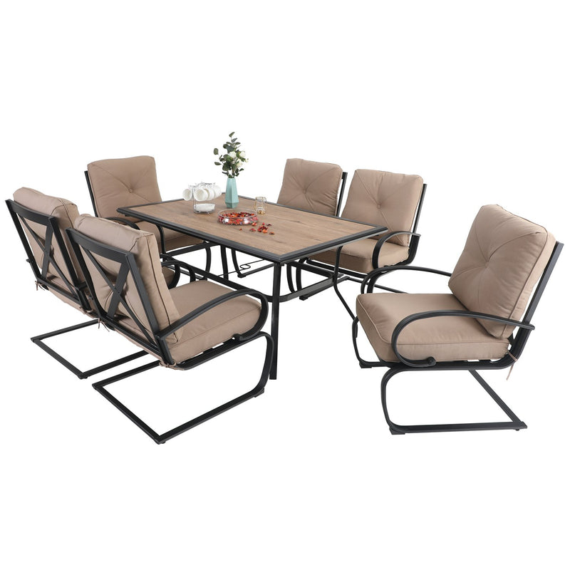 PHI VILLA 7-Piece Outdoor Dining Set With Steel Panel Table & 6 C-Spring Chairs