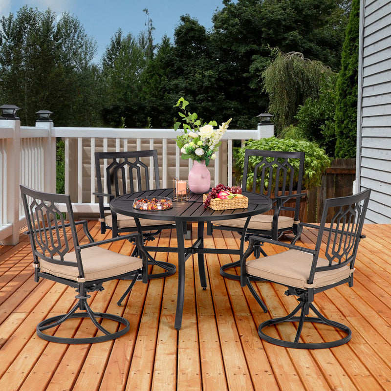 PHI VILLA 5-Piece Outdoor Dining Set 6 Swivel Chairs and Round Steel Slat Table