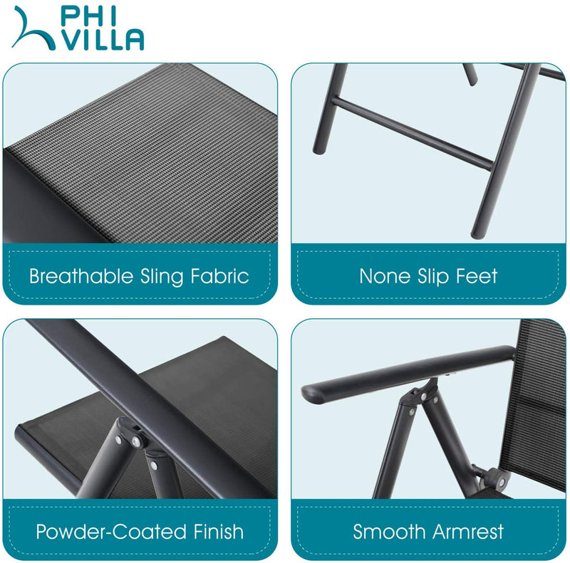 Phi Villa  Folding Sling Dining Chair Aluminum & Steel Frame, Set of 2