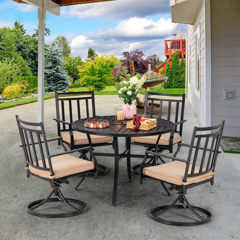 PHI VILLA 5-Piece Outdoor Dining Set 6 Swivel Chairs and Round Steel Slat Table