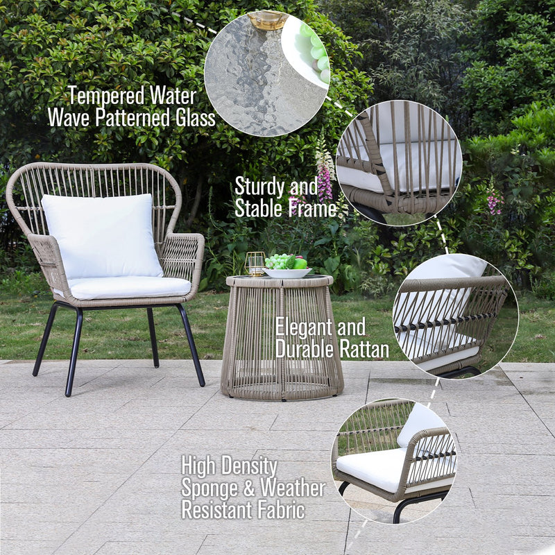 PHI VILLA 3-Piece Outdoor Rattan Conversation Set With Cushions