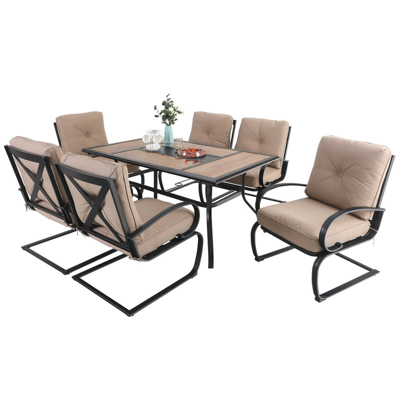 PHI VILLA 7-Piece Outdoor Dining Set With Steel Panel Table & 6 C-Spring Chairs