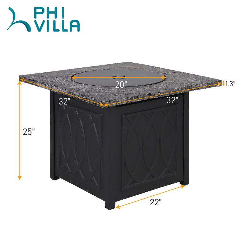 Phi Villa 5-Piece Outdoor Fire Pit Set 32 inch Stone Texture TerraFab Square 50000BTU Fire Pit Table and Steel Swivel Chairs