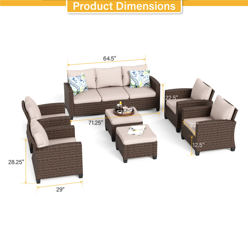 Phi Villa Outdoor 9-Seat Rattan Conversation Sofa Set With Ottomans