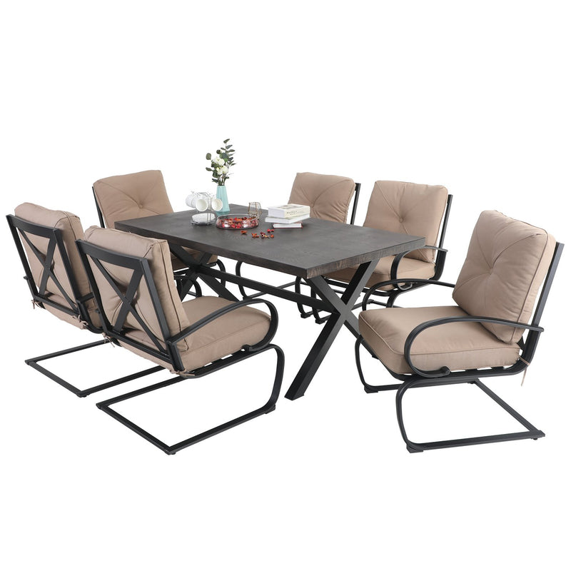 PHI VILLA 7-Piece Outdoor Dining Set With Steel Panel Table & 6 C-Spring Chairs