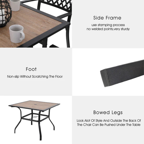 PHI VILLA 6-Piece Outdoor Dining Set with 10ft Umbrella & Wood-Look Square Table & Cushioned Rattan Chairs
