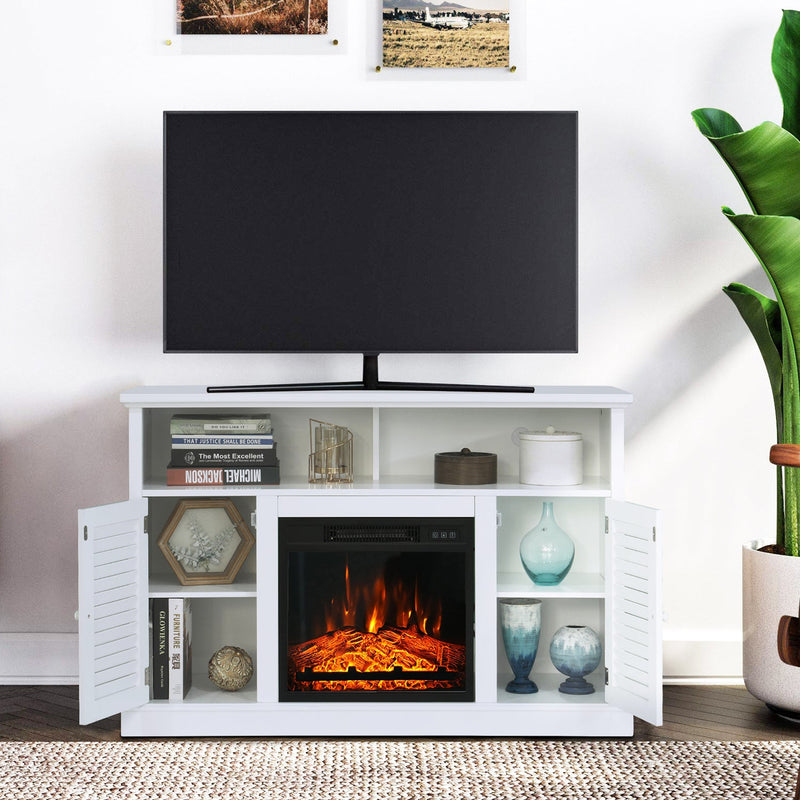 PHI VILLA 47" 1400W Electric Fireplace TV Stand Heater with Built-In Bookshelves and Cupboards - White