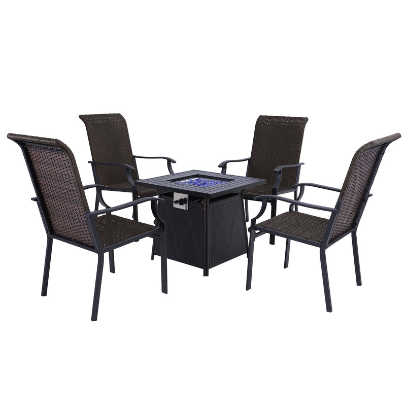 PHI VILLA 5-Piece Outdoor Fire Pit Set Square Steel Gas Fire Pit Table & 4 Rattan Dining Chairs