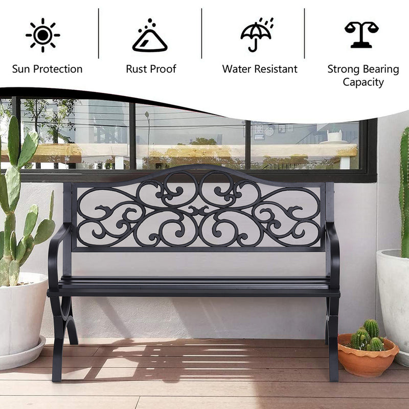 PHI VILLA 50 Inch Garden Patio Bench Cast Iron Steel Frame with Phalaenopsis Pattern