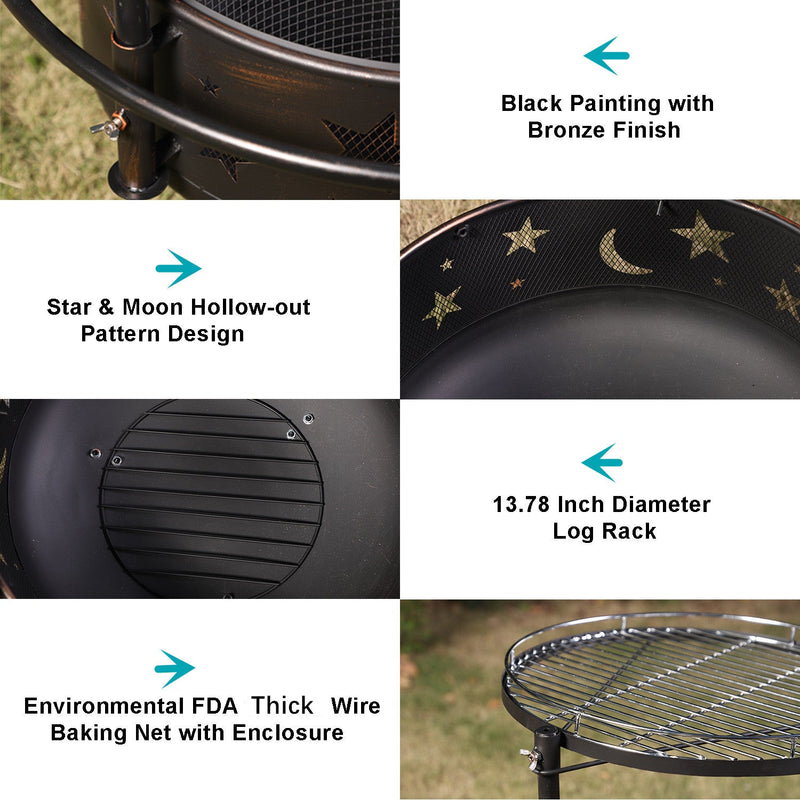 Phi Villa 30" Moon & Star Pattern 2 in 1 Heavy Duty Fire Pit with Swivel Cooking Grill