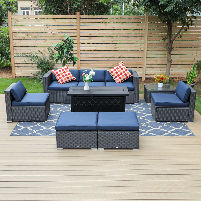 PHI VILLA 9-Piece Patio Fire Pit Set Wicker Sectional Sofa & 50,000BTU Rectangle Fire Pit Table With Lid