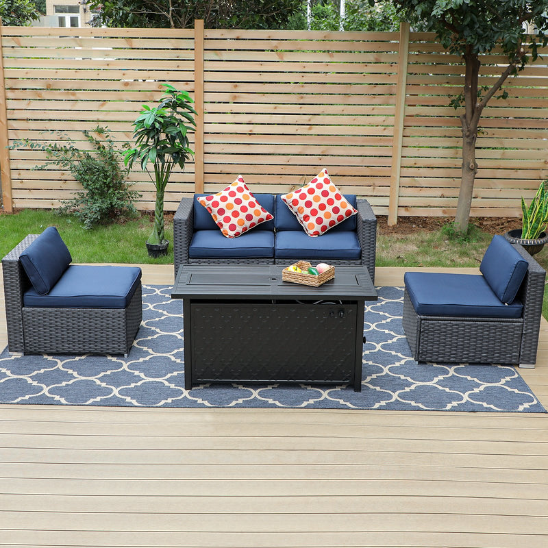 PHI VILLA 5-Piece Patio Fire Pit Set Rattan Sectional Sofa & 50,000BTU Rectangle Fire Pit Table With Lid