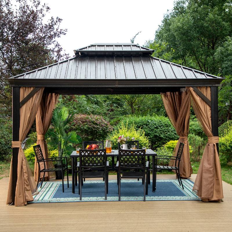 PHI VILLA 10' X 12' Outdoor Hardtop Gazebo Double Roof Canopy with Curtains and Netting
